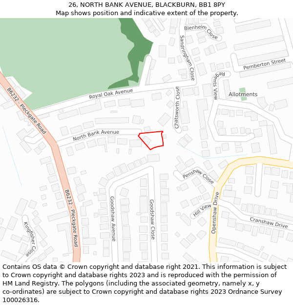 26, NORTH BANK AVENUE, BLACKBURN, BB1 8PY: Location map and indicative extent of plot