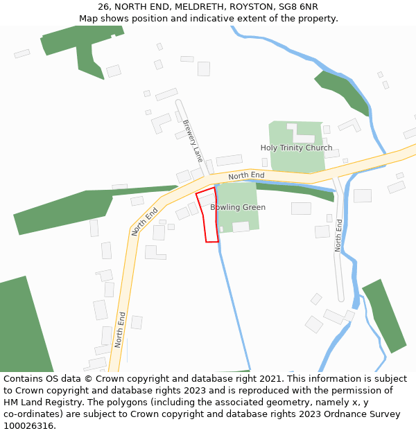 26, NORTH END, MELDRETH, ROYSTON, SG8 6NR: Location map and indicative extent of plot