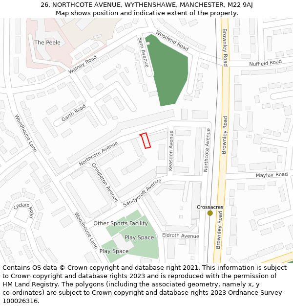 26, NORTHCOTE AVENUE, WYTHENSHAWE, MANCHESTER, M22 9AJ: Location map and indicative extent of plot