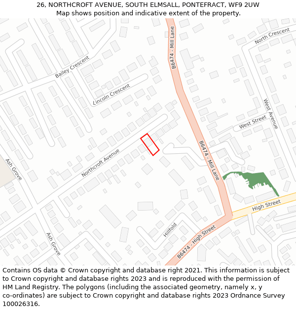 26, NORTHCROFT AVENUE, SOUTH ELMSALL, PONTEFRACT, WF9 2UW: Location map and indicative extent of plot