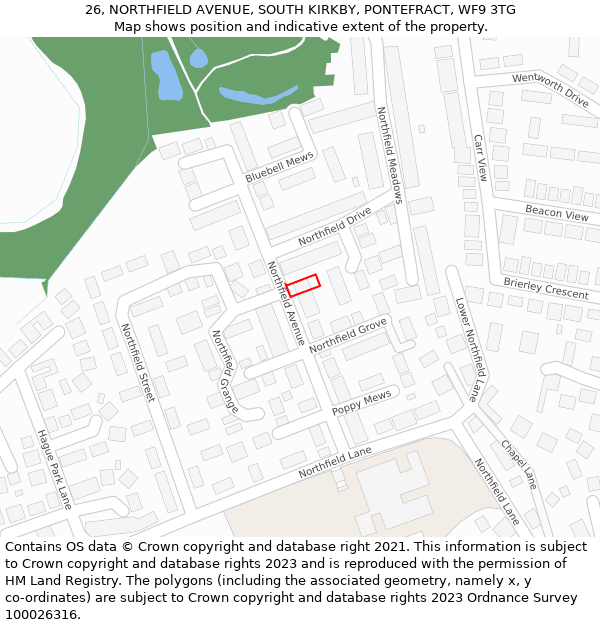 26, NORTHFIELD AVENUE, SOUTH KIRKBY, PONTEFRACT, WF9 3TG: Location map and indicative extent of plot