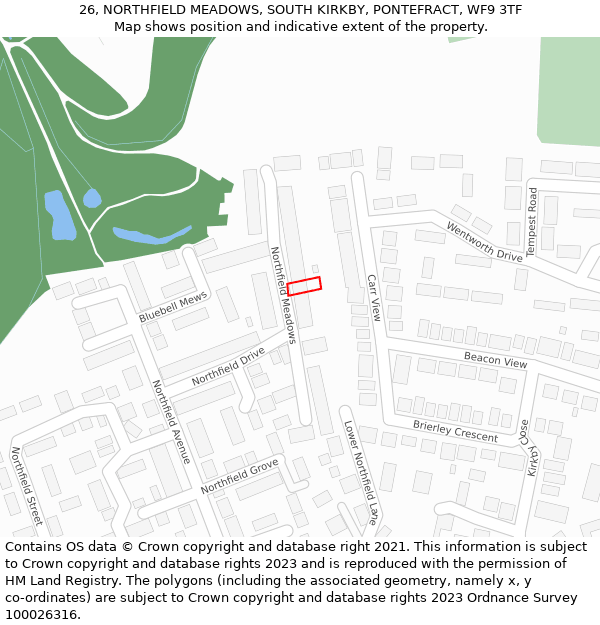 26, NORTHFIELD MEADOWS, SOUTH KIRKBY, PONTEFRACT, WF9 3TF: Location map and indicative extent of plot