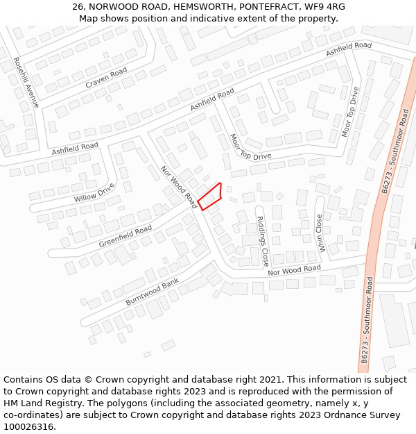 26, NORWOOD ROAD, HEMSWORTH, PONTEFRACT, WF9 4RG: Location map and indicative extent of plot