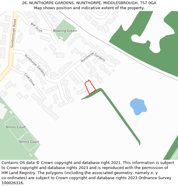 26, NUNTHORPE GARDENS, NUNTHORPE, MIDDLESBROUGH, TS7 0GA: Location map and indicative extent of plot