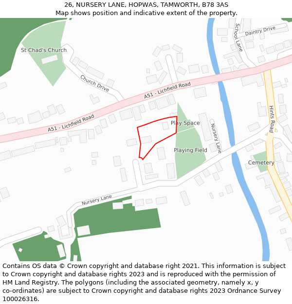 26, NURSERY LANE, HOPWAS, TAMWORTH, B78 3AS: Location map and indicative extent of plot