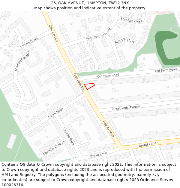 26, OAK AVENUE, HAMPTON, TW12 3NX: Location map and indicative extent of plot