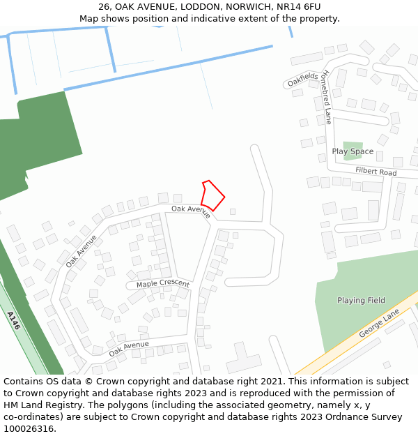 26, OAK AVENUE, LODDON, NORWICH, NR14 6FU: Location map and indicative extent of plot