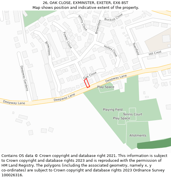 26, OAK CLOSE, EXMINSTER, EXETER, EX6 8ST: Location map and indicative extent of plot