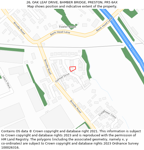 26, OAK LEAF DRIVE, BAMBER BRIDGE, PRESTON, PR5 6AX: Location map and indicative extent of plot