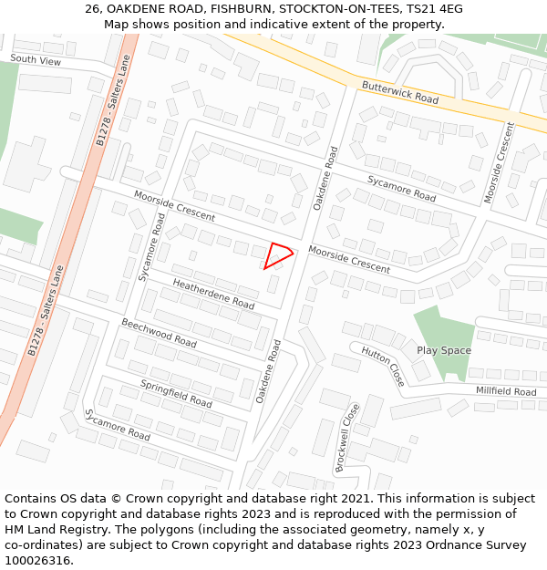 26, OAKDENE ROAD, FISHBURN, STOCKTON-ON-TEES, TS21 4EG: Location map and indicative extent of plot