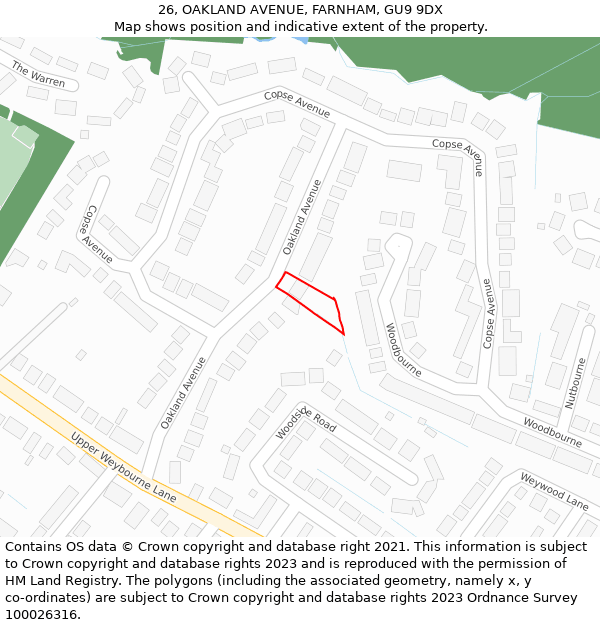 26, OAKLAND AVENUE, FARNHAM, GU9 9DX: Location map and indicative extent of plot