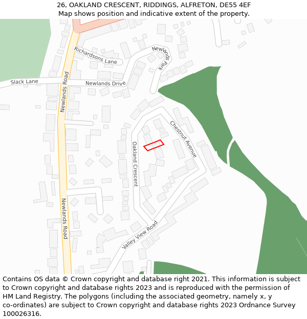 26, OAKLAND CRESCENT, RIDDINGS, ALFRETON, DE55 4EF: Location map and indicative extent of plot