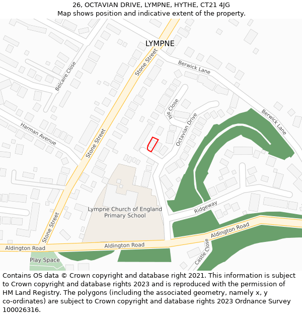 26, OCTAVIAN DRIVE, LYMPNE, HYTHE, CT21 4JG: Location map and indicative extent of plot