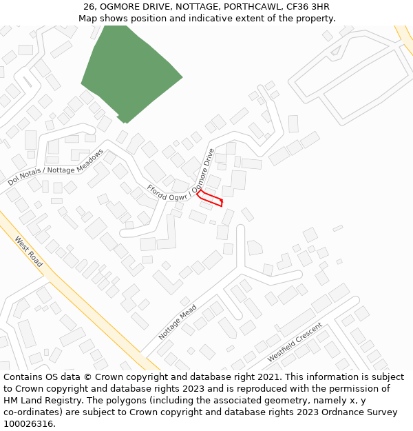 26, OGMORE DRIVE, NOTTAGE, PORTHCAWL, CF36 3HR: Location map and indicative extent of plot