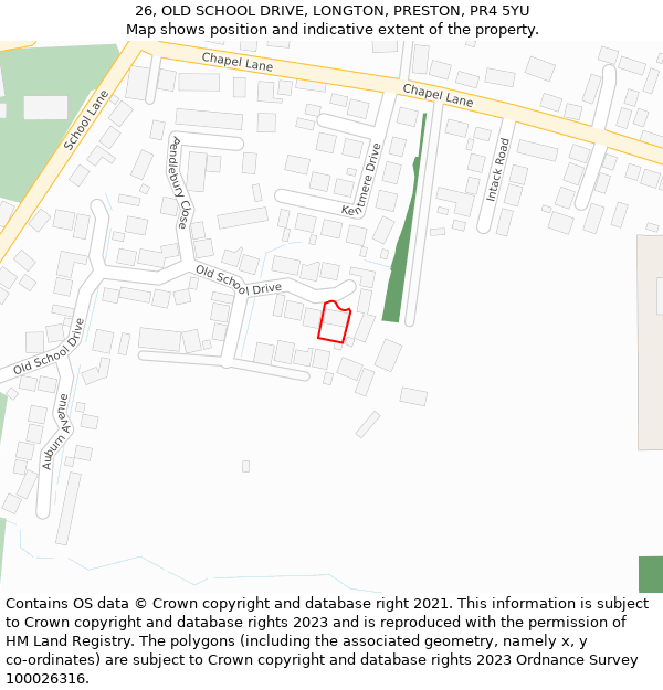 26, OLD SCHOOL DRIVE, LONGTON, PRESTON, PR4 5YU: Location map and indicative extent of plot