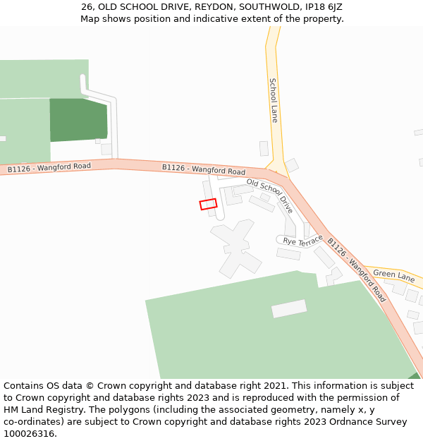 26, OLD SCHOOL DRIVE, REYDON, SOUTHWOLD, IP18 6JZ: Location map and indicative extent of plot