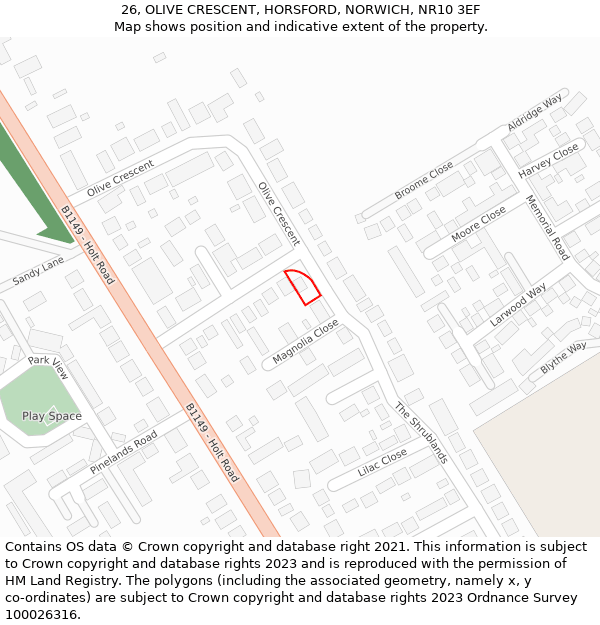 26, OLIVE CRESCENT, HORSFORD, NORWICH, NR10 3EF: Location map and indicative extent of plot