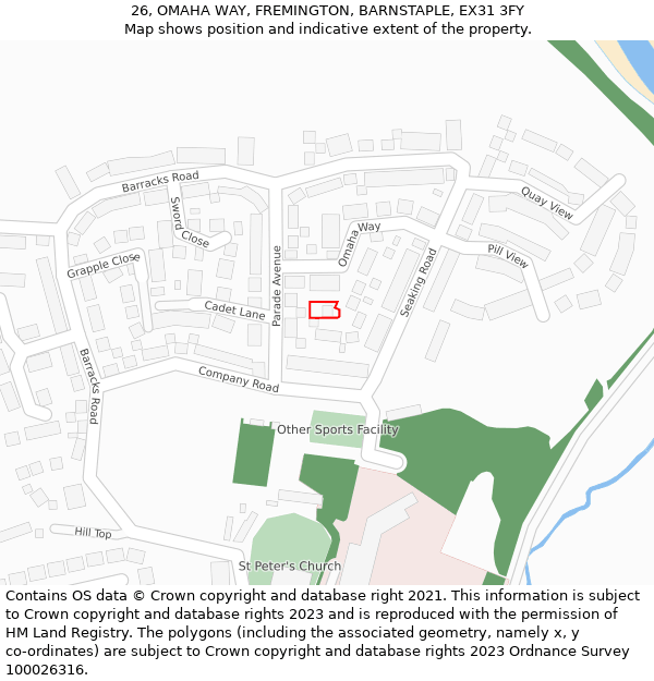 26, OMAHA WAY, FREMINGTON, BARNSTAPLE, EX31 3FY: Location map and indicative extent of plot