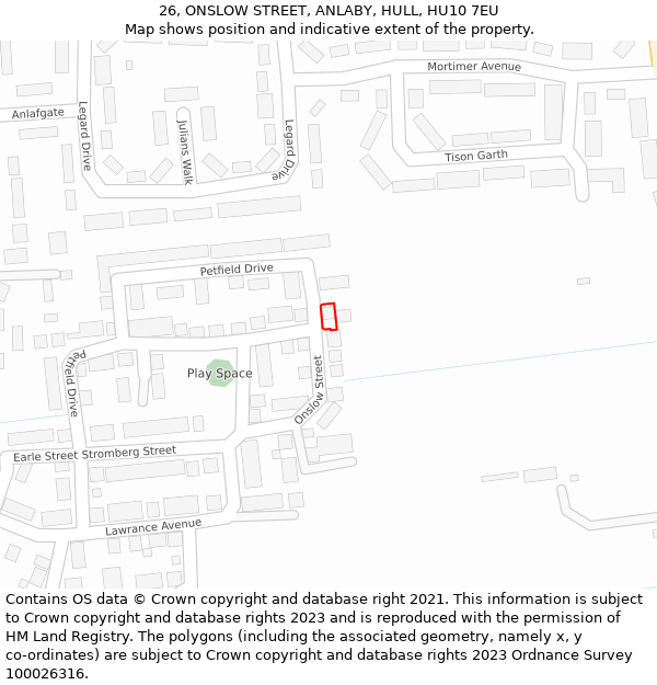 26, ONSLOW STREET, ANLABY, HULL, HU10 7EU: Location map and indicative extent of plot