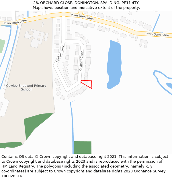 26, ORCHARD CLOSE, DONINGTON, SPALDING, PE11 4TY: Location map and indicative extent of plot