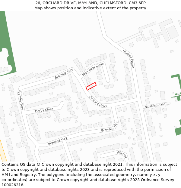 26, ORCHARD DRIVE, MAYLAND, CHELMSFORD, CM3 6EP: Location map and indicative extent of plot