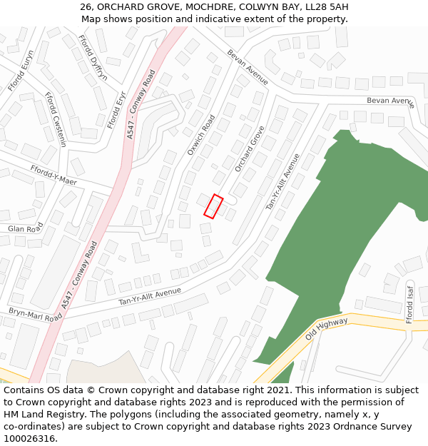26, ORCHARD GROVE, MOCHDRE, COLWYN BAY, LL28 5AH: Location map and indicative extent of plot
