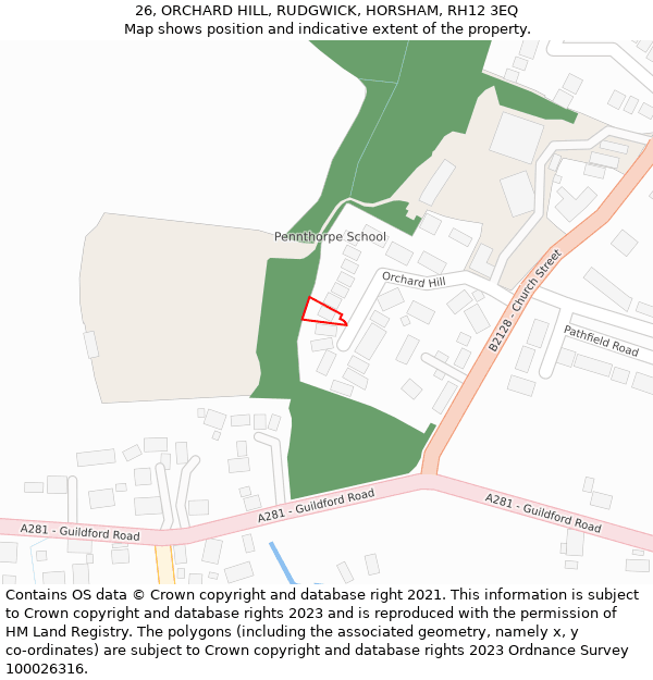 26, ORCHARD HILL, RUDGWICK, HORSHAM, RH12 3EQ: Location map and indicative extent of plot