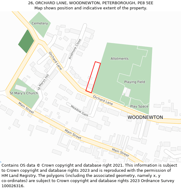 26, ORCHARD LANE, WOODNEWTON, PETERBOROUGH, PE8 5EE: Location map and indicative extent of plot