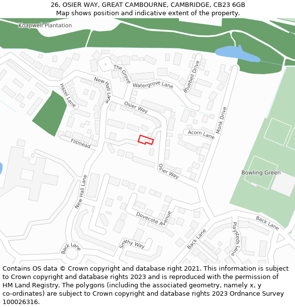 26, OSIER WAY, GREAT CAMBOURNE, CAMBRIDGE, CB23 6GB: Location map and indicative extent of plot