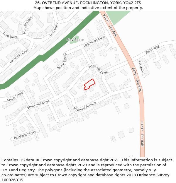 26, OVEREND AVENUE, POCKLINGTON, YORK, YO42 2FS: Location map and indicative extent of plot