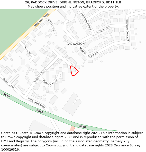 26, PADDOCK DRIVE, DRIGHLINGTON, BRADFORD, BD11 1LB: Location map and indicative extent of plot