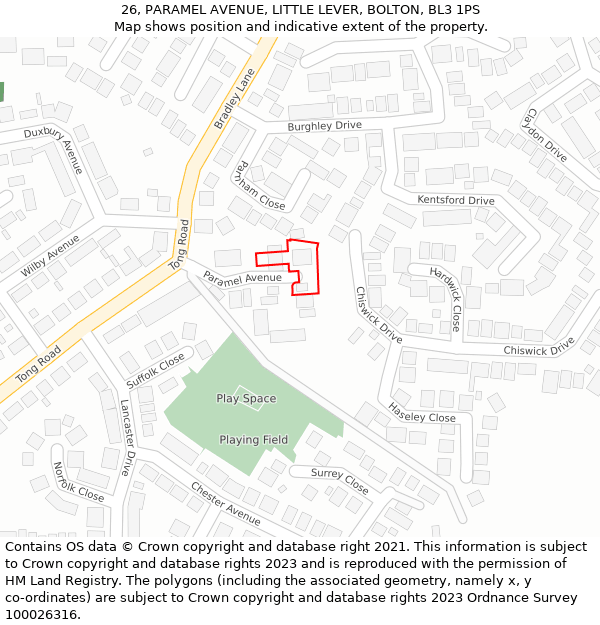 26, PARAMEL AVENUE, LITTLE LEVER, BOLTON, BL3 1PS: Location map and indicative extent of plot