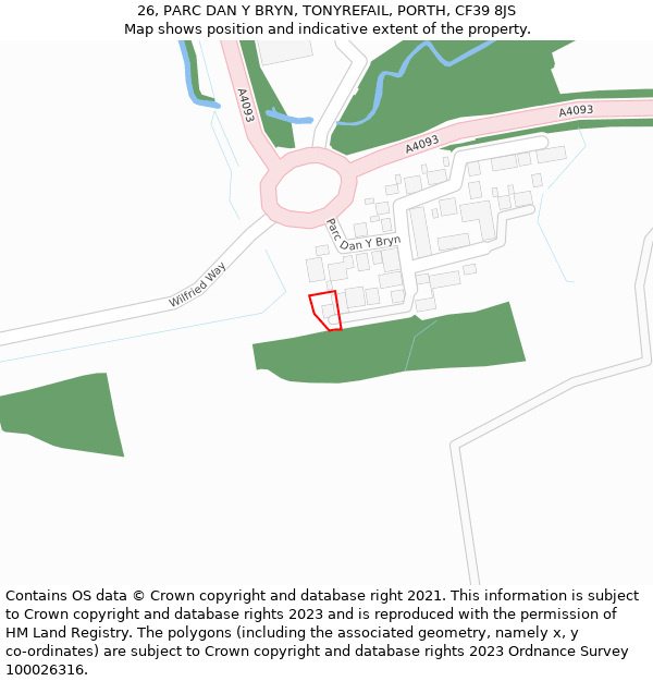 26, PARC DAN Y BRYN, TONYREFAIL, PORTH, CF39 8JS: Location map and indicative extent of plot