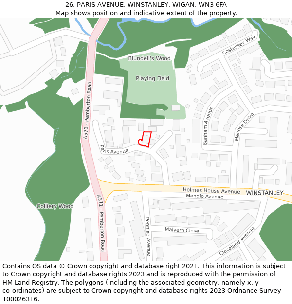 26, PARIS AVENUE, WINSTANLEY, WIGAN, WN3 6FA: Location map and indicative extent of plot