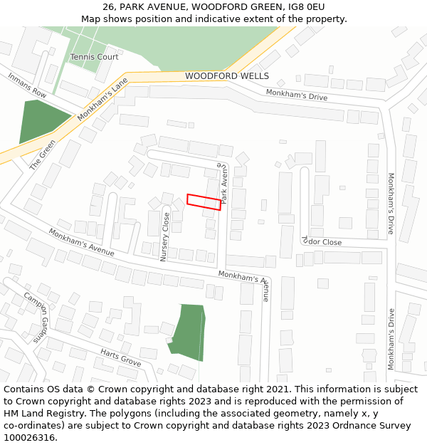 26, PARK AVENUE, WOODFORD GREEN, IG8 0EU: Location map and indicative extent of plot