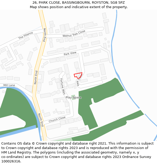 26, PARK CLOSE, BASSINGBOURN, ROYSTON, SG8 5PZ: Location map and indicative extent of plot