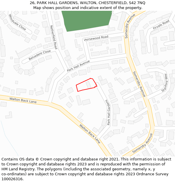 26, PARK HALL GARDENS, WALTON, CHESTERFIELD, S42 7NQ: Location map and indicative extent of plot