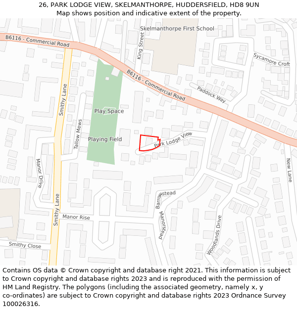 26, PARK LODGE VIEW, SKELMANTHORPE, HUDDERSFIELD, HD8 9UN: Location map and indicative extent of plot