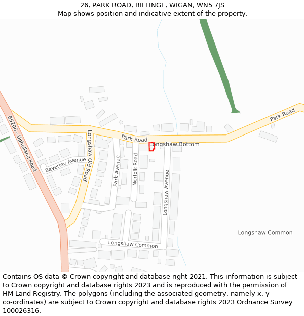 26, PARK ROAD, BILLINGE, WIGAN, WN5 7JS: Location map and indicative extent of plot