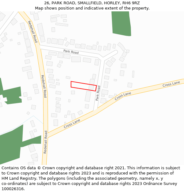 26, PARK ROAD, SMALLFIELD, HORLEY, RH6 9RZ: Location map and indicative extent of plot