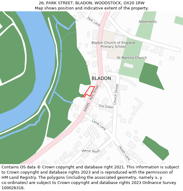 26, PARK STREET, BLADON, WOODSTOCK, OX20 1RW: Location map and indicative extent of plot