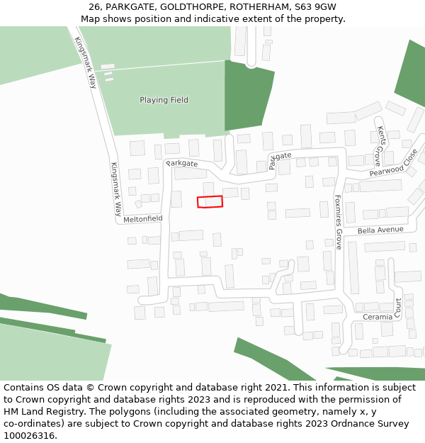 26, PARKGATE, GOLDTHORPE, ROTHERHAM, S63 9GW: Location map and indicative extent of plot