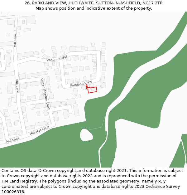 26, PARKLAND VIEW, HUTHWAITE, SUTTON-IN-ASHFIELD, NG17 2TR: Location map and indicative extent of plot