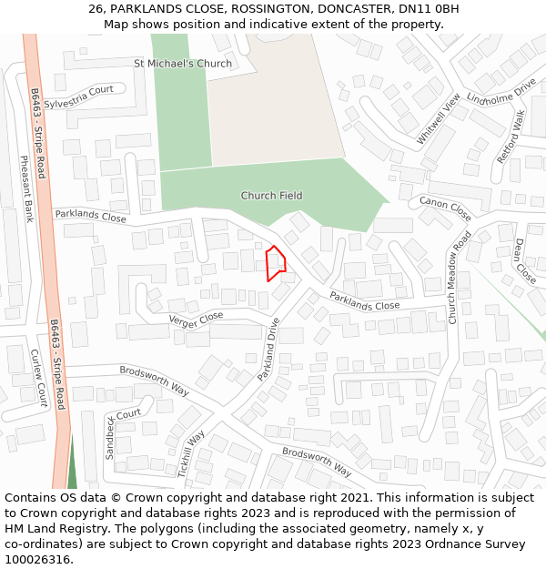 26, PARKLANDS CLOSE, ROSSINGTON, DONCASTER, DN11 0BH: Location map and indicative extent of plot