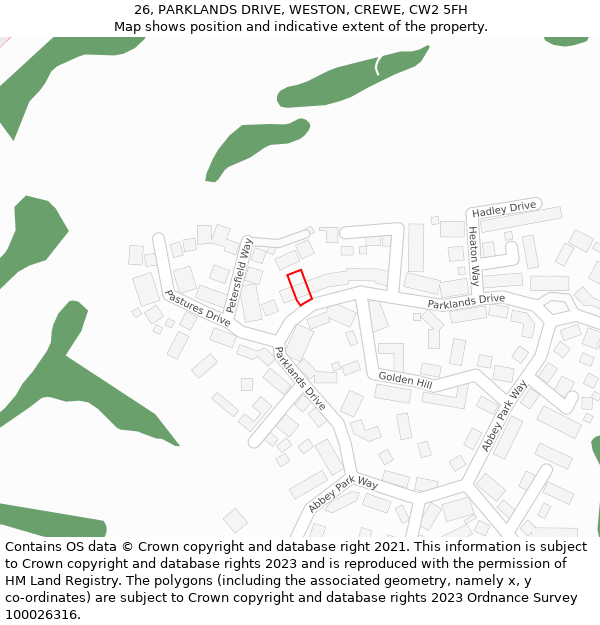 26, PARKLANDS DRIVE, WESTON, CREWE, CW2 5FH: Location map and indicative extent of plot