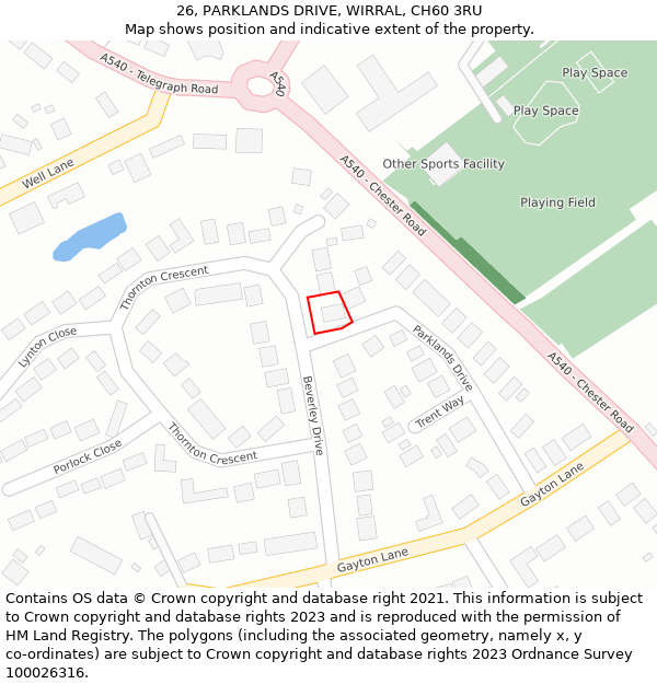 26, PARKLANDS DRIVE, WIRRAL, CH60 3RU: Location map and indicative extent of plot