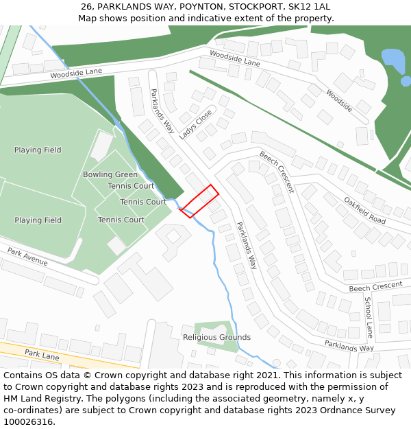 26, PARKLANDS WAY, POYNTON, STOCKPORT, SK12 1AL: Location map and indicative extent of plot