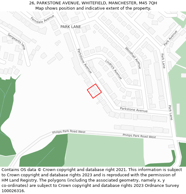 26, PARKSTONE AVENUE, WHITEFIELD, MANCHESTER, M45 7QH: Location map and indicative extent of plot