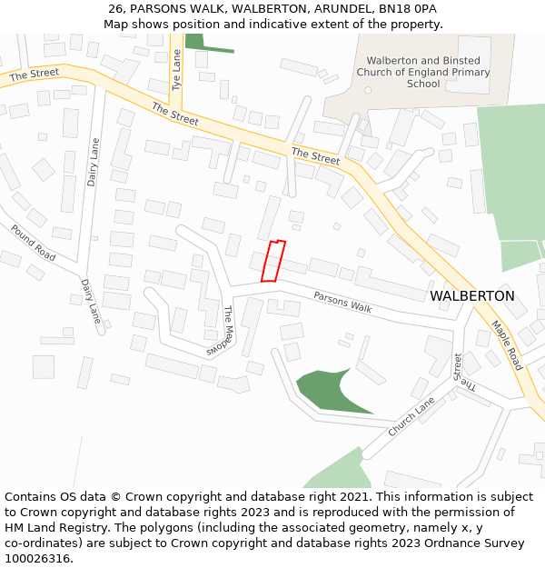 26, PARSONS WALK, WALBERTON, ARUNDEL, BN18 0PA: Location map and indicative extent of plot