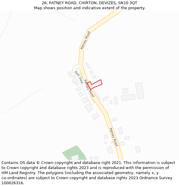 26, PATNEY ROAD, CHIRTON, DEVIZES, SN10 3QT: Location map and indicative extent of plot
